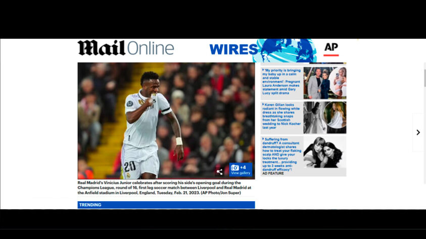 O tabloide britânico "Daily Mail" elogiou Vini Jr. e destacou a "dupla perfeita" que ele faz com Benzema, seu companheiro de Real Madrid.