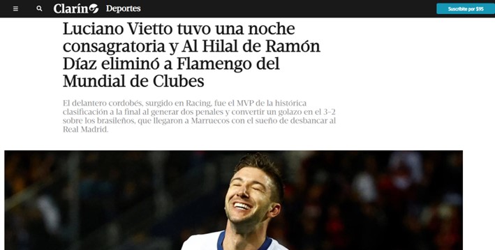 O "Clarín", da Argentina, destacou o meia-atacante argentino Luciano Vietto, que teve uma ótima performance e sacramentou a vitória saudita.