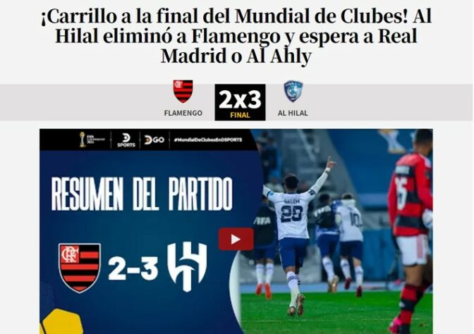 O peruano "El Comercio" destacou o compatriota Andre Carrillo, que joga no Al-Hilal e está na final do Mundial de Clubes.
