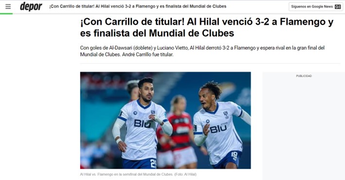 O "Depor", do Peru, também destacou o peruano Carrillo na eliminação do Flamengo.