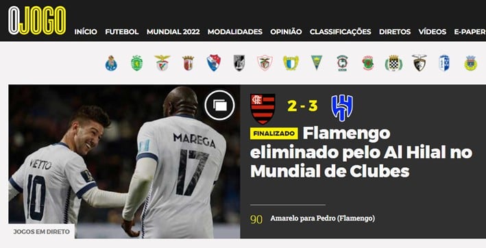 O jornal "O Jogo", de Portugal, destacou o placar e a eliminação do Flamengo na sua capa.