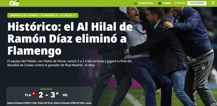 O "Olé", da Argentina, chamou o feito de histórico e deu destaque para o argentino Ramon Díaz, atual treinador do Al-Hilal.