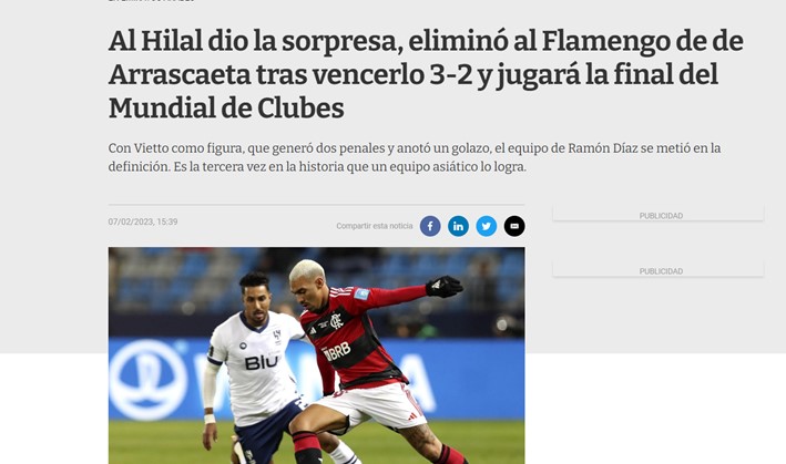 O portal uruguaio "Ovacion" reportou a "surpresa" e disse que o Al-Hilal venceu o Flamengo de Arrascaeta.