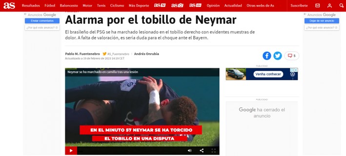 O "AS", da Espanha, fez uma matéria contando o quão alarmante foi a lesão do craque brasileiro.