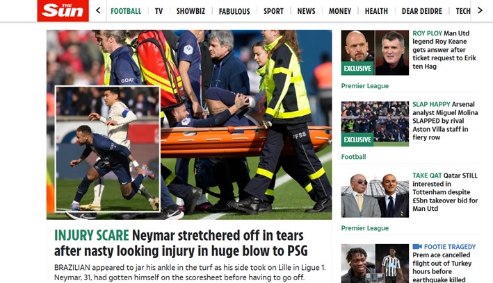 O The Sun, do Reino Unido, contou que a lesão de neymar foi "feia" e deu atenção ao choro dele na saída de campo.