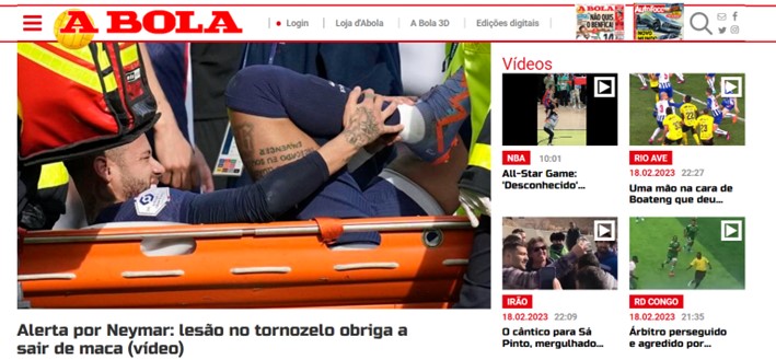 Com vídeo, o português "A Bola" reportou a lesão do camisa 10 da Seleção Brasileira.
