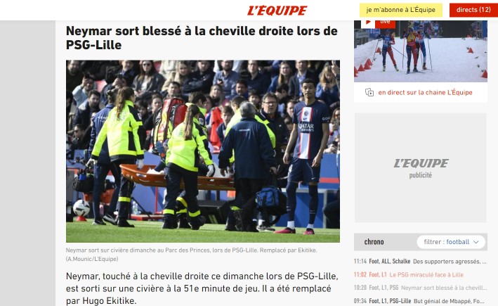 O francês "L'Équipe" informou de forma mais direta e contou que o atleta precisou ser retirado de maca.