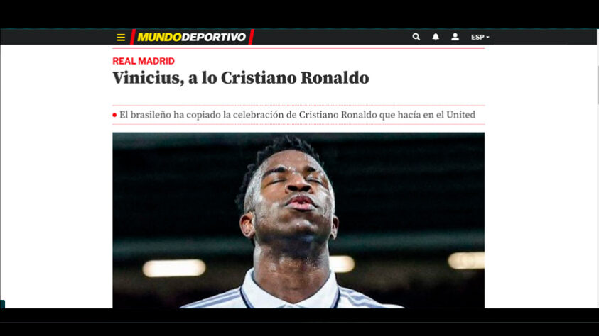 "Vinícius, como Cristiano Ronaldo". O "Mundo Deportivo" elogiou a atuação do brasileiro e também escreveu sobre ele imitar a comemoração de Cristiano Ronaldo, um de seus ídolos, fez no United.