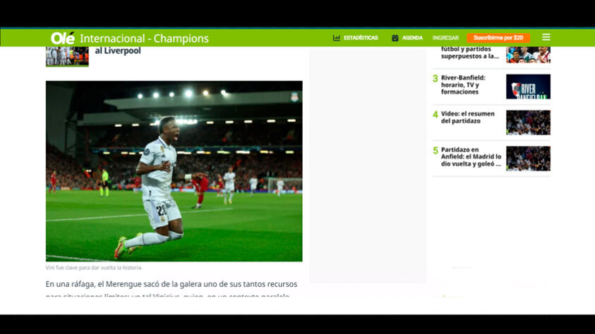 O argentino "Olé" citou em seu texto que o time Merengue "tirou da cartola um de seus muitos recursos para situações extremas: um certo Vinicius, que, em um contexto paralelo, passou a amontoar adversários com uma tranquilidade estonteante".