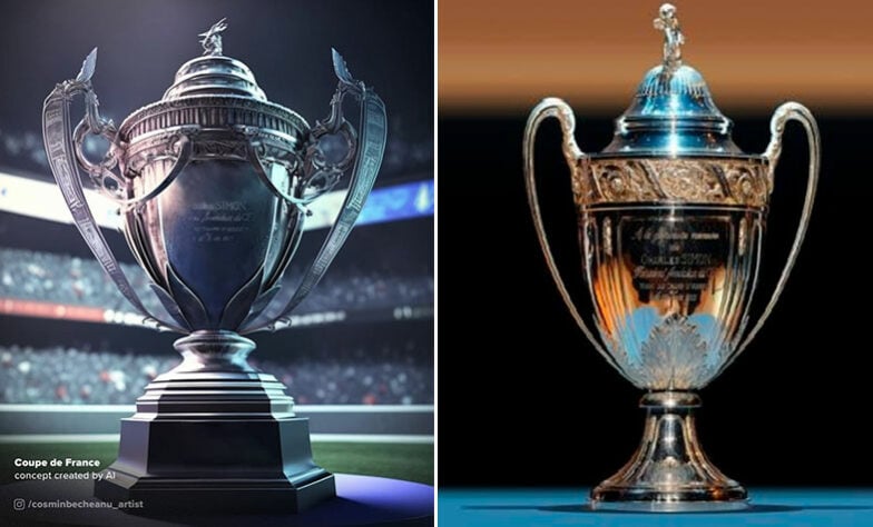 Taça da Copa da França feita por IA (à esquerda) e a taça original (à direita)