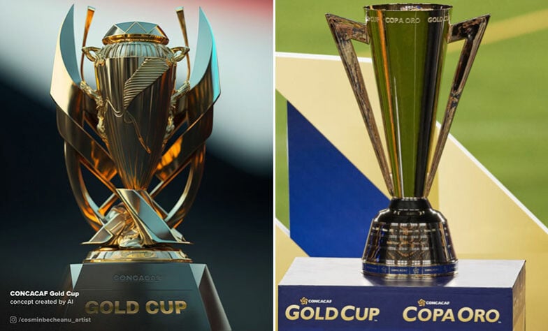 Taça da Copa Ouro da CONCACAF feita por IA (à esquerda) e a taça original (à direita)