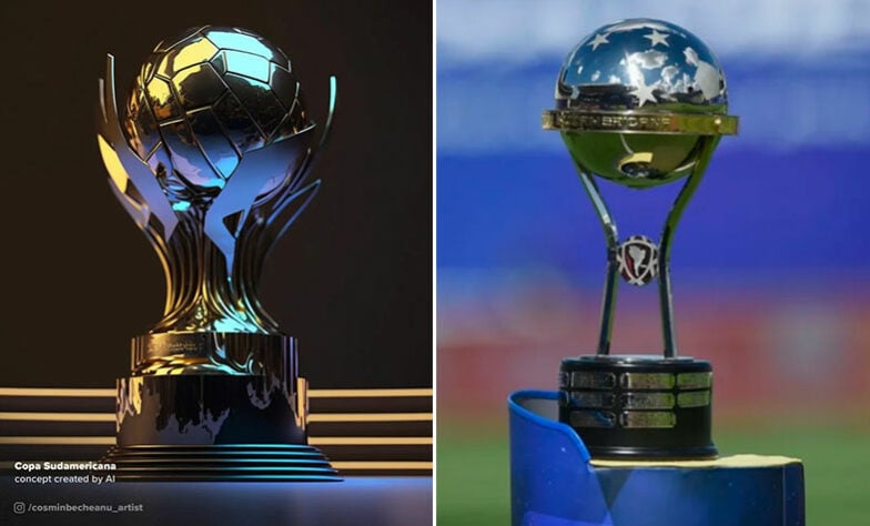 Taça da Copa Sul-Americana feita por IA (à esquerda) e a taça original (à direita)