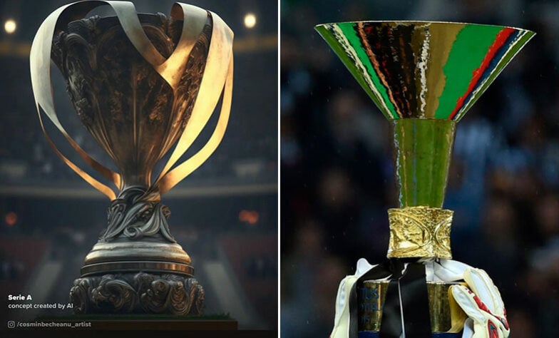 Taça da Serie A (Campeonato Italiano) feita por IA (à esquerda) e a taça original (à direita)