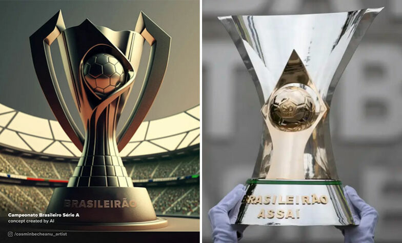 Taça do Brasileirão feita por IA (à esquerda) e a taça original (à direita)