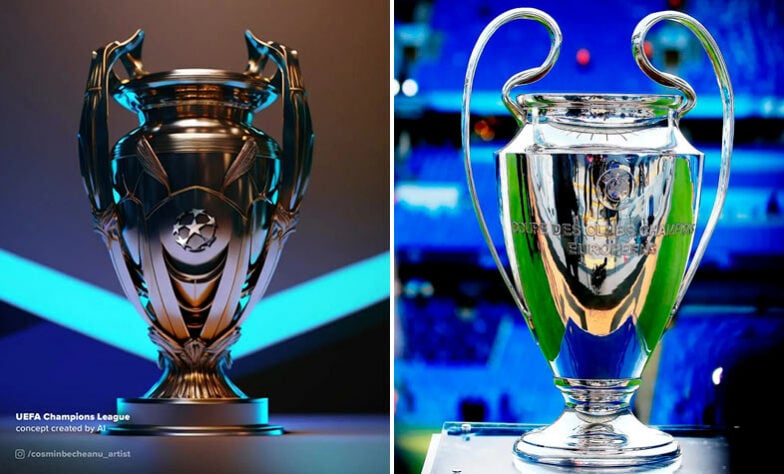 Taça da Champions League feita por IA (à esquerda) e a taça original (à direita)