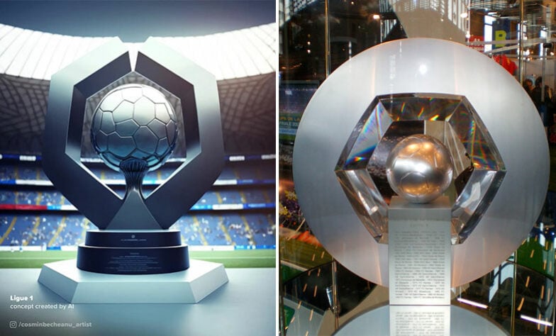 Taça da Ligue 1, o Campeonato Francês, feita por IA (à esquerda) e a taça original (à direita)