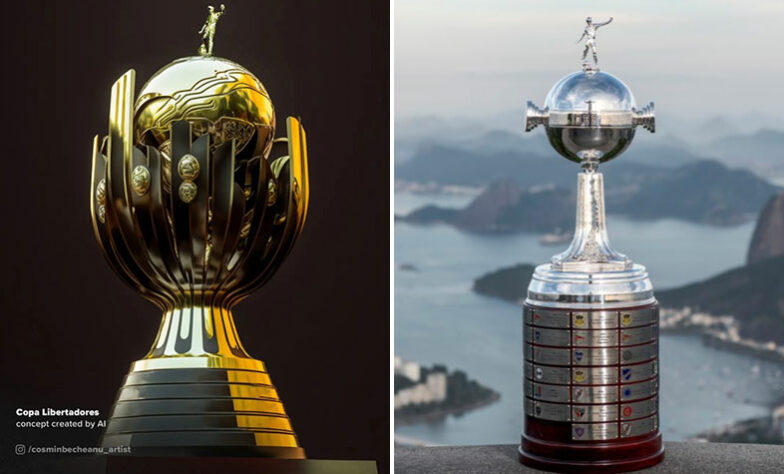 Taça da Copa Libertadores feita por IA (à esquerda) e a taça original (à direita)
