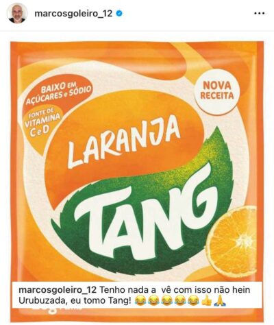Ídolo do Palmeiras, o ex-goleiro Marcos postou uma foto de outra marca de suco e disparou: "Urubuzada, eu tomo Tang".