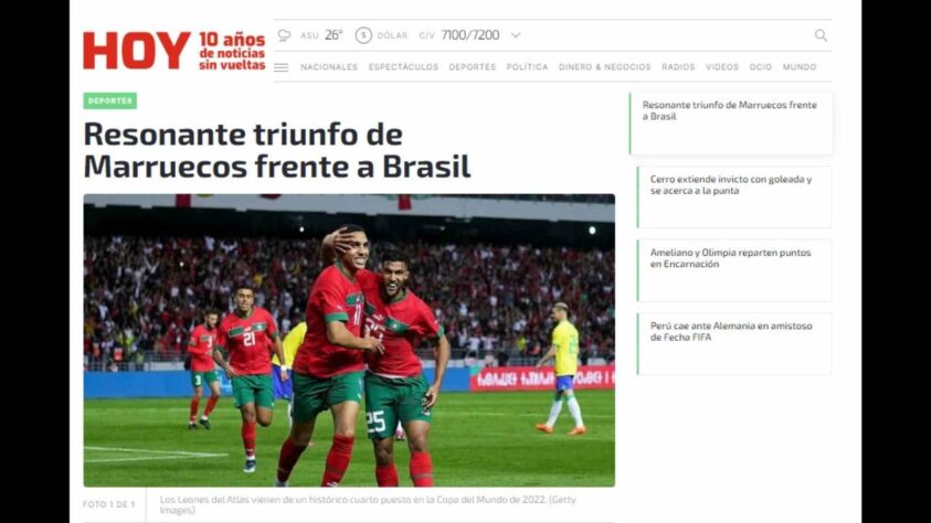 'Vitória retumbante': foi a manchete da editoria de esportes do 'Hoy', site paraguaio. 