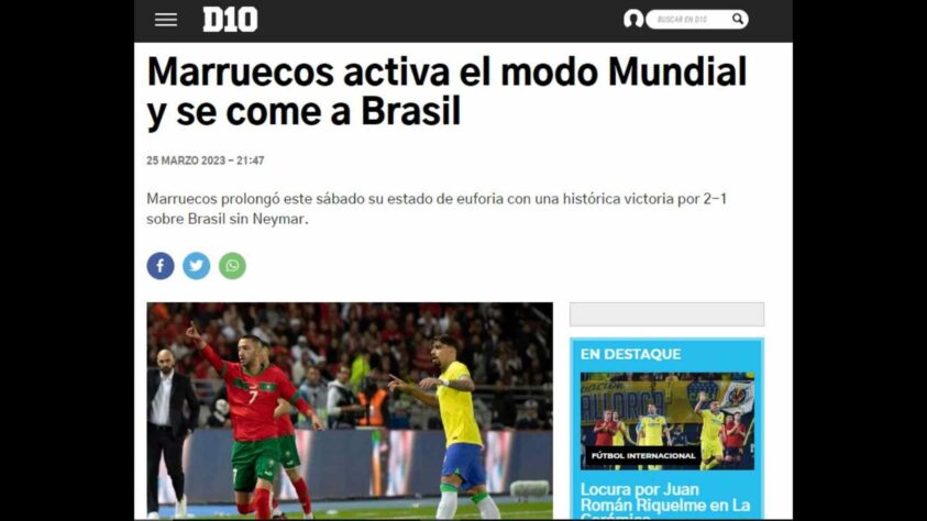 A página de esportes do 'Ultima hora', do Paraguai, foi mais um site que classificou a atuação do Marrocos como 'modo Mundial' e fez questão de ressaltar o quarto lugar da equipe na última Copa. 