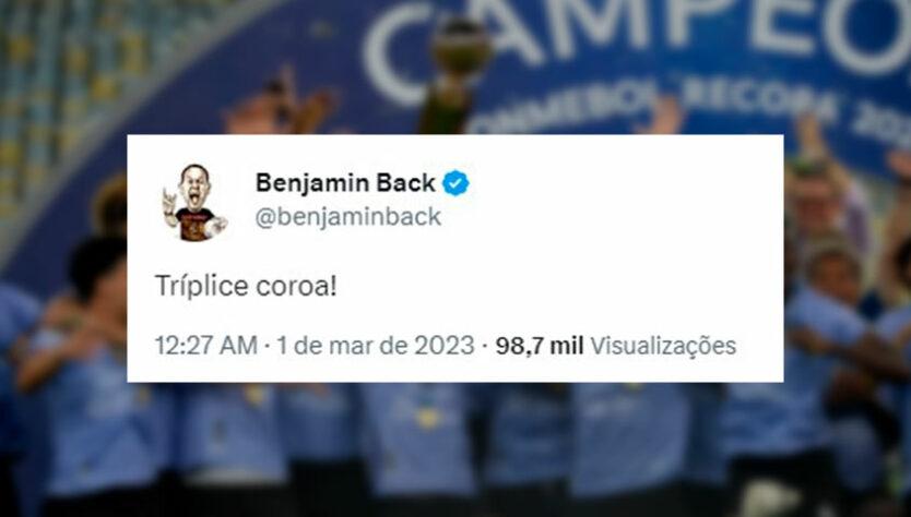 O apresentador corintiano Benjamin Back ironizou os três vices do Flamengo em 2023 e escreveu em seu Twitter: "Tríplice coroa".