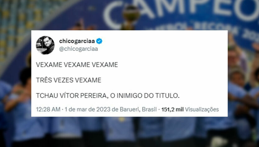 Torcedor do Corinthians, o comentarista Chico Garcia não perdeu a oportunidade de cutucar Vítor Pereira: "Inimigo do título".