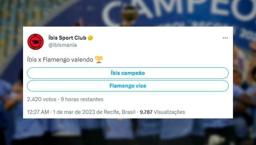 O "pior time do mundo" ainda montou uma enquete questionando quem ganharia um jogo valendo título. É claro que o Íbis estava vencendo a votação contra o Flamengo!