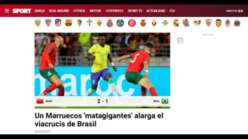 Outro espanhol, o 'Sport' deu ao Marrocos o apelido de 'matador de gigantes' e afirmou que a seleção africana prolongou a 'via-crúcis' da Seleção Brasileira, em referência ao doloroso caminho percorrido por Jesus enquanto carregava a cruz. Expressão forte. 