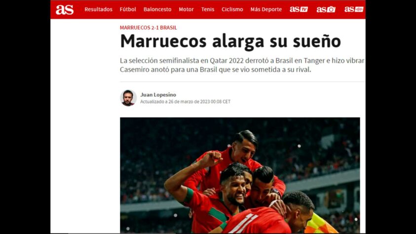 Conhecido por suas manchetes fortes, o 'As', também da Espanha, foi mais comedido dessa vez e valorizou o bom momento da seleção marroquina: 'aumentou o sonho'. 