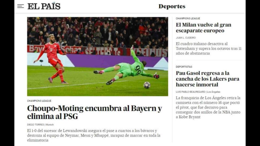 Na Espanha, 'El Pais' também deu destaque à atuação de Choupo-Moting, autor do primeiro gol da partida. 