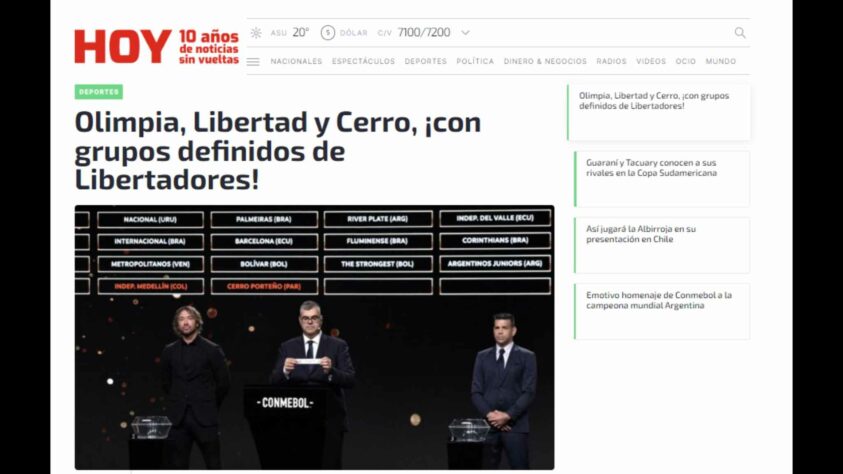 O site paraguaio 'Hoy' foi bastante objetivo na repercussão do sorteio, sem fazer qualquer juízo e valor sobre a composição dos grupos. 