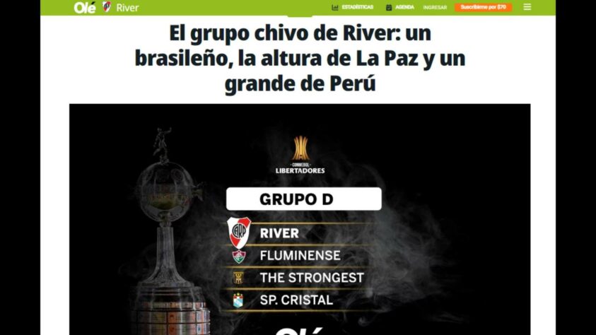 Na Argentina, o 'Olé' apresentou reações mistas. Pelo lado do River Plate, a manchete pregava respeito ao Fluminense, adversário no grupo, e chegou a insinuar que o time de Buenos Aires deu azar no sorteio. 