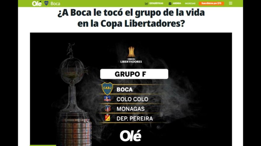 Já pelo Boca, a manchete fazia um trocadilho com a expressão consagrada do 'grupo da morte', sugerindo que os Xeneize tiveram tanta sorte que acabaram no 'grupo da vida'. 