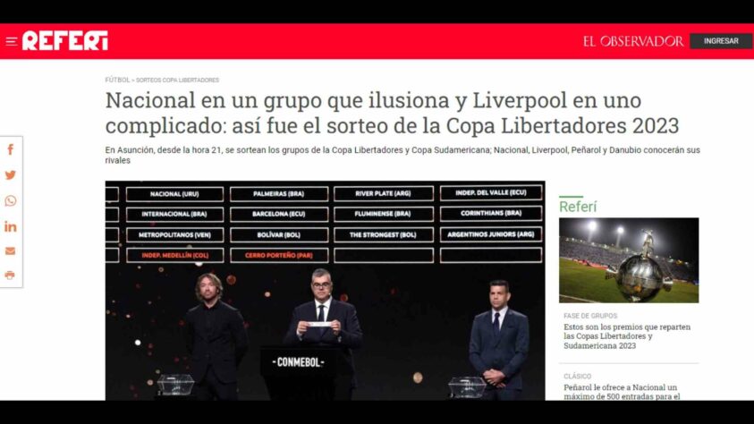 No entanto, 'El Observador' foi por um caminho diferente e classificou o grupo do Nacional como um grupo 'animador', enquanto colocou o Liverpool em situação delicada ao ter que enfrentar Del Valle-EQU, Corinthians e Argentinos Juniors-ARG. 