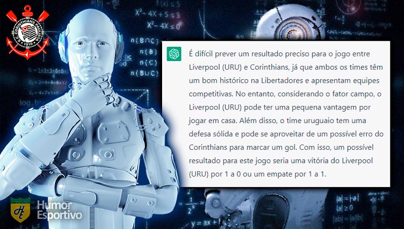 Mais um tropeço brasileiro? O ChatGPT afirma que o fator casa pode fazer a diferença e que o Liverpool (URU) tem chances de sair com a vitória por 1 a 0 sobre o Corinthians.