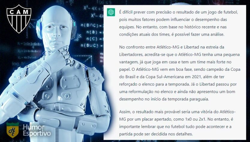 O Atlético-MG foi considerado o favorito no confronto contra o Libertad, já que "joga em casa e tem um time forte no papel". Porém, a resposta conta com um grande erro: o Galo é apontado como campeão da Sul-Americana de 2021 quando, na verdade, o Athletico Paranaense ficou com o título da competição.