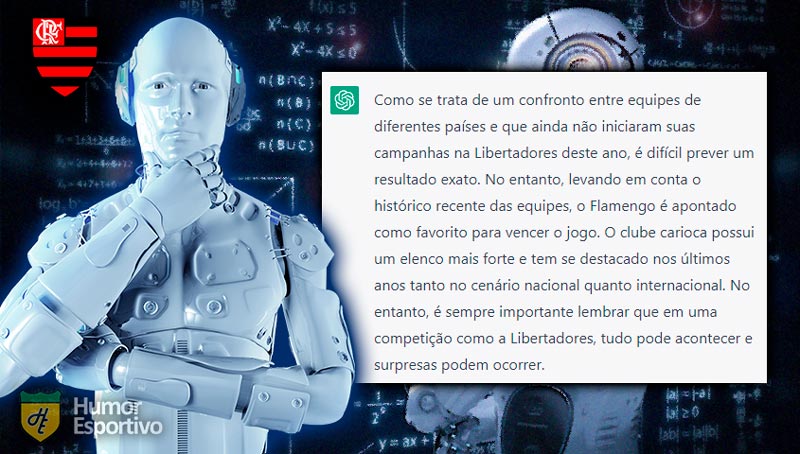 O ChatGPT apontou o Flamengo como o grande favorito do confronto contra o Aucas por possuir um elenco mais forte e pelo destaque recente em competições nacionais e internacionais.
