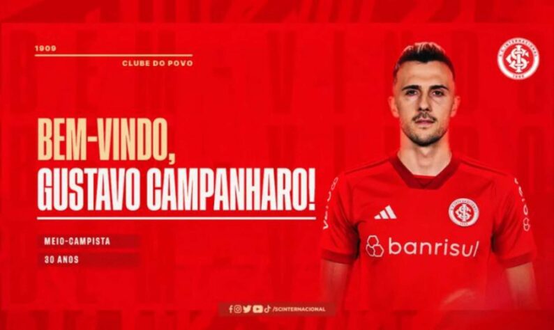 FECHADO - O Internacional anunciou na tarde deste domingo a contratação do volante Gustavo Campanharo. O jogador de 30 anos estava no Kayserispor-TUR e chega ao Colorado a pedido do técnico Mano Menezes. Gustavo assinou contrato até 2024 e chega ao cube sem custos. 