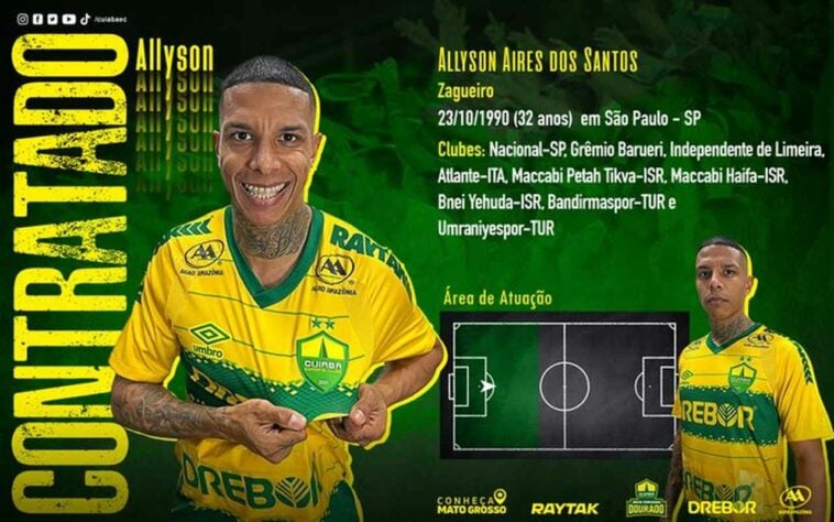 FECHADO - O Cuiabá anunciou a chegada do zagueiro Allyson, que estava no Umraniyespor (TUR). Aos 32 anos, o jogador chega com contrato até o fim de 2024.