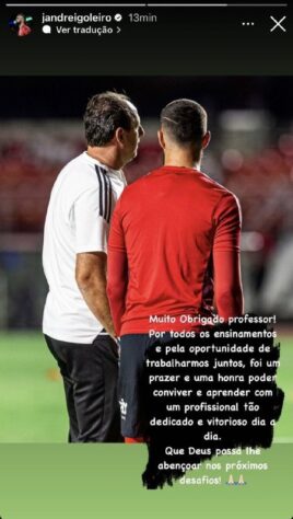 Jandrei publicou: "Muito obrigado, professor. Por todos os ensinamentos e oportunidades de trabalhar juntos. Foi uma honra e um prazer poder conviver com um profissional tão dedicado e vitorioso dia a dia. Que Deus possa lhe abençoar nos próximos desafios."