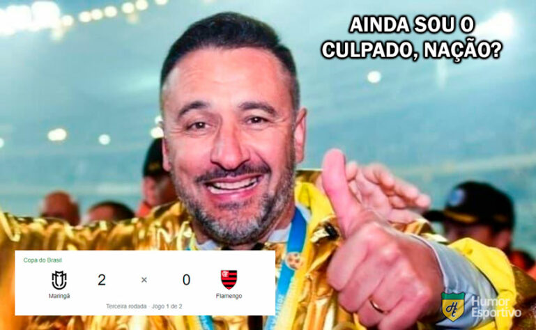 Volta, Vítor Pereira? Na partida de ida da terceira fase da Copa do Brasil, o Flamengo foi derrotado por 2 a 0 pela equipe da Série D do Brasileirão e se complicou na competição nacional. Resultado foi prato cheio para zoeiras nas redes sociais, principalmente lembrando do "injustiçado" técnico português recém-demitido do rubro-negro carioca. Confira! (Por Humor Esportivo)