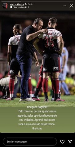 Patryck Lanza publicou: "Obrigado, Rogério! Pelo convívio, por me ajudar neste esporte, pelas oportunidades e pelo seu trabalho. Aprendi muito com você e sua comissão neste tempo. Gratidão."