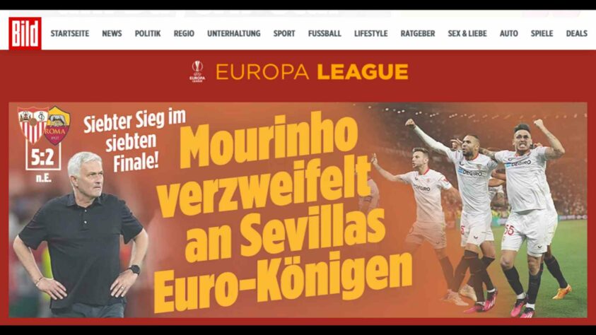 Partindo para os tabloides, com suas manchetes sensacionalistas, o alemão 'Bild' disse que Mourinho foi derrotado pelos 'reis da Europa League' do Sevilla. 