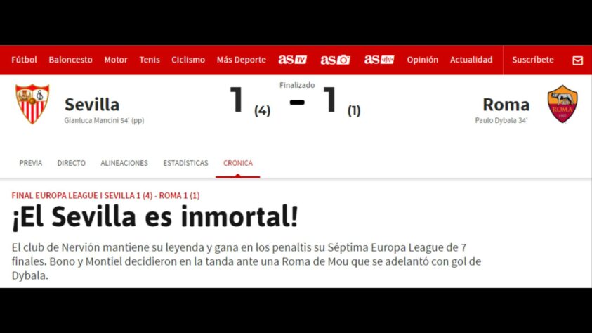 O 'As', e Madrid, chamou o clube da Andaluzia de 'Imortal' já que saiu atrás no placar e resistiu à prorrogação para se sagrar campeão. 