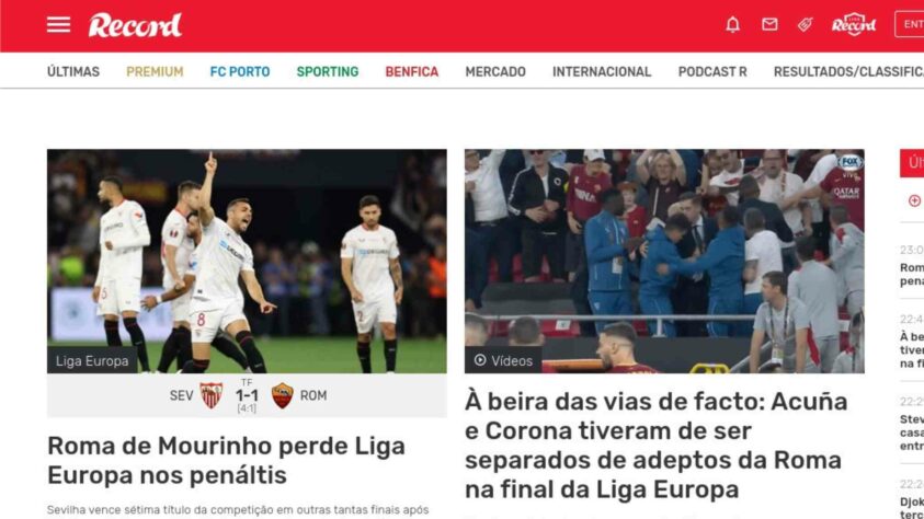 No 'Record', Mourinho foi destaque e, logo ao lado, um vídeo curioso, do desentendimento de Jesus Corona e Acuña, ex-atletas de Porto e Sporting respectivamente, com torcedores da Roma durante o jogo. Ambos são atletas do Sevilla atualmente. 