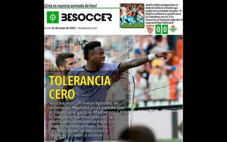'BeSoccer' - Jornal destaca ataques racistas a Vini Jr. 