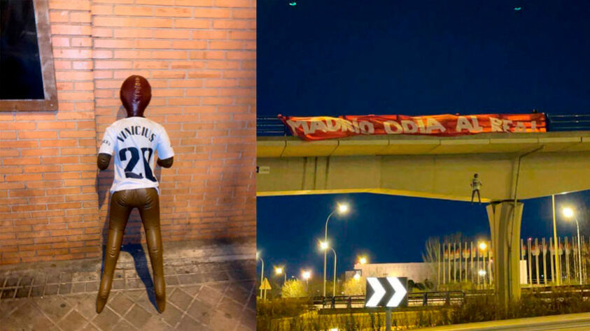 5ª – Boneco com camisa 20 de Vinícius Jr. enforcado em ponte de Madrid, antes do clássico contra o Atlético, em 26 de janeiro de 2023 / Andamento: La Liga apresentou uma denúncia ao Tribunal de Instrução número 28 de Madrid. O processo está em andamento para identificar os autores.