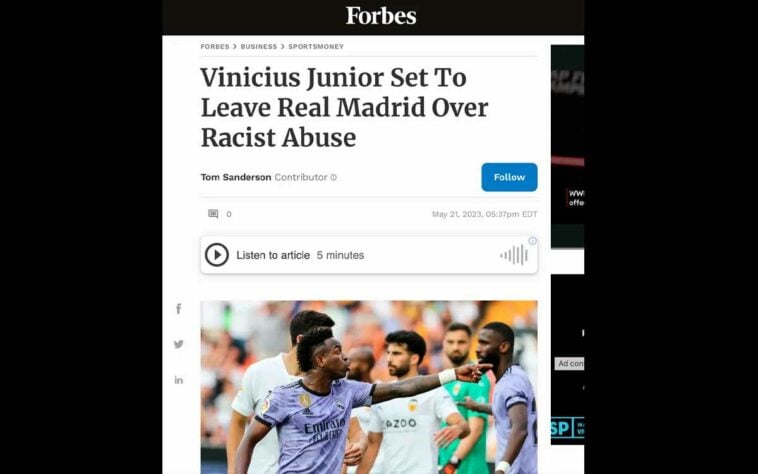 'Forbes' - A revista dos Estados Unidos destacou a possibilidade de Vini Jr. sair do Real Madrid. Ela foi levantada depois do desabafo compartilhado pelo jogador no Twitter.