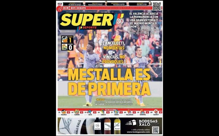 'SuperDeporte' - Jornal local da cidade de Valencia ignora fato de Vini Jr ter sido vítima de um crime e ainda aproveitou pra repudiar as atitudes do brasileiro durante a derrota do Real Madrid. Além disso, o portal também criticou as falas do técnico Carlo Ancelotti, que saiu em defesa do brasileiro durante entrevista coletiva após a partida. "Ancelotti, não minta. Vinicius, não provoque", escreveu o jornal.