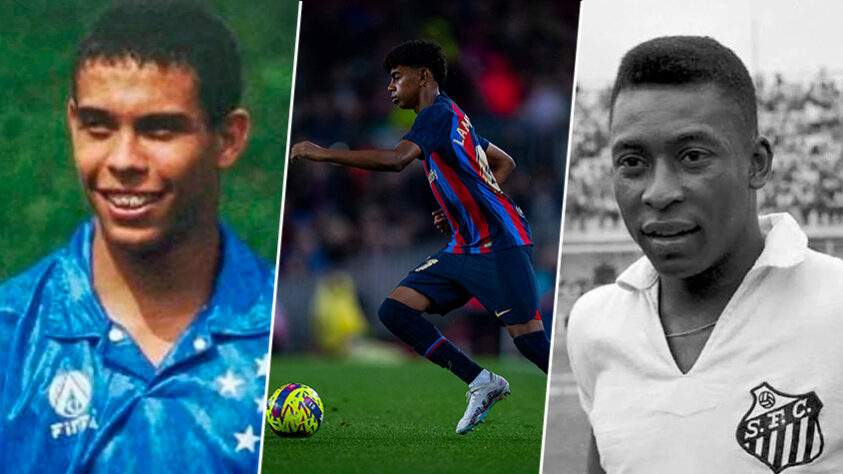 Com pouco mais de 15 anos de idade, o jovem espanhol Lamine Yamal, atacante do Barcelona, bateu o recorde de jogador mais jovem a defender o clube em um jogo de Campeonato Espanhol. O recorde foi quebrado no último sábado, na goleada do Barça por 4 a 0 em cima do Real Bétis. A jovem promessa chegou a ser comparada com Messi pelo técnico Xavi. Se Lamine será um craque do futuro, não sabemos, mas o LANCE! listou outros 28 jogadores que também começaram cedo entre os profissionais do futebol. Nesta lista foram considerados jogadores com carreira já consolidada - ou aposentados - no Brasil e no exterior, que estrearam nas sus equipes principais com menos de 17 anos de idade. Veja a seguir! 